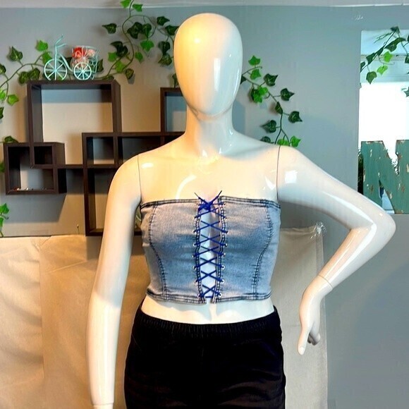 Denim‎ Acid Wash Blue Lace up Tube Top Size Large RefM101 - Picture 4 of 8